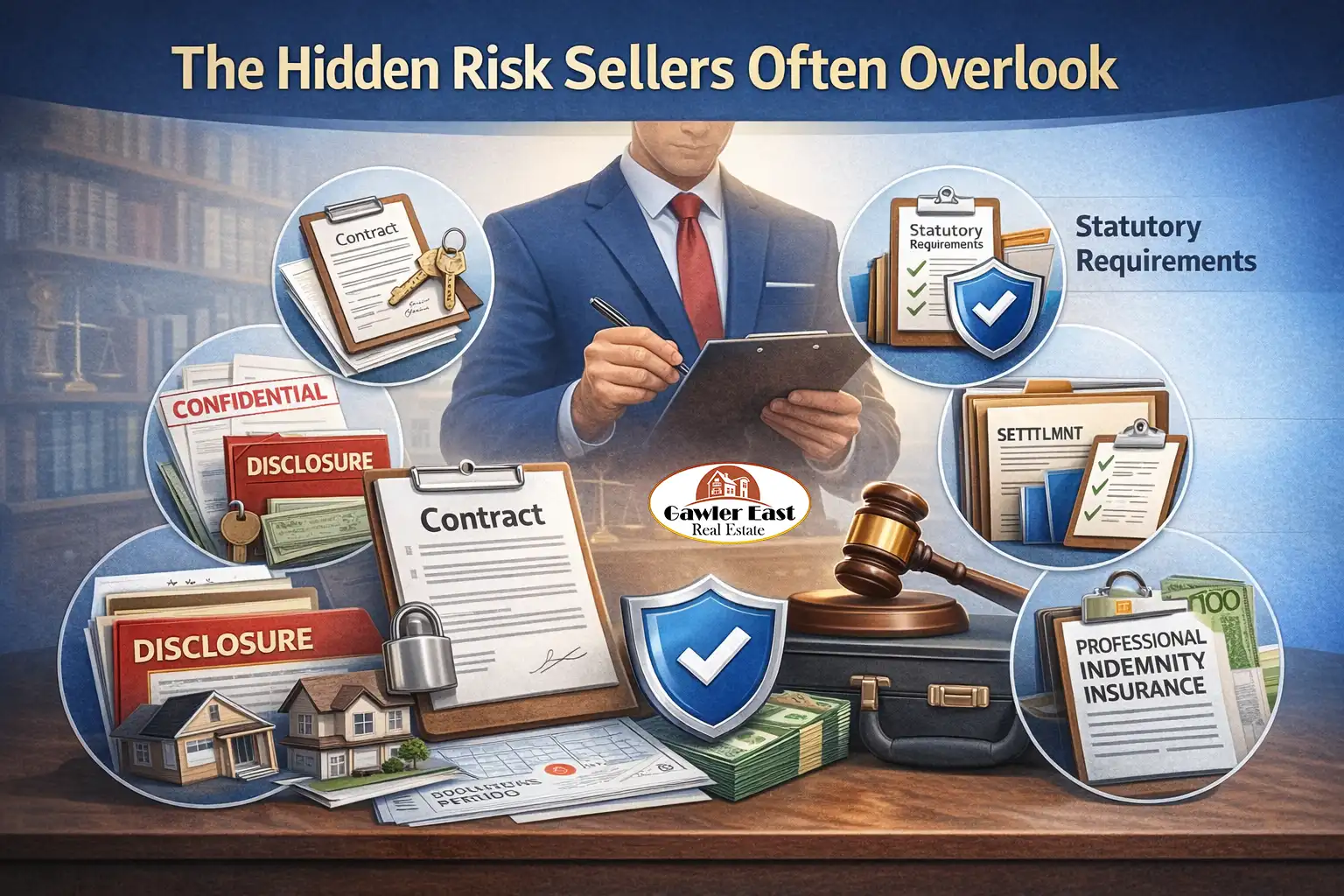 Illustration showing the hidden legal and compliance risks sellers face when transferring property ownership in Australia, including contracts, disclosures, and professional indemnity protection provided by licensed real estate agents.