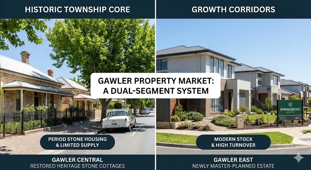 Chart showing the split between Gawler's Historic Core and Growth Corridors market performance