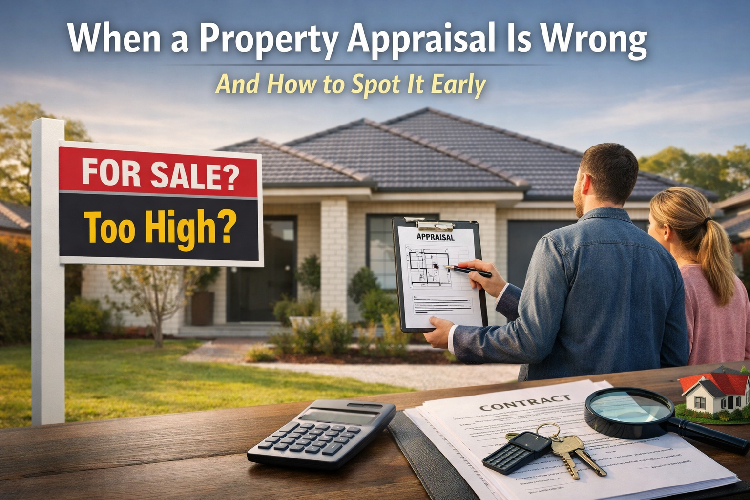 Illustration showing a property appraisal being reviewed in front of an Australian home, highlighting the risk of overpricing when selling a property