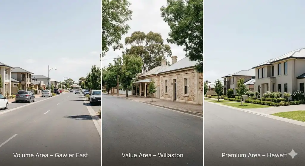 the gawler suburbs compared within voume, vlaue and premium areas