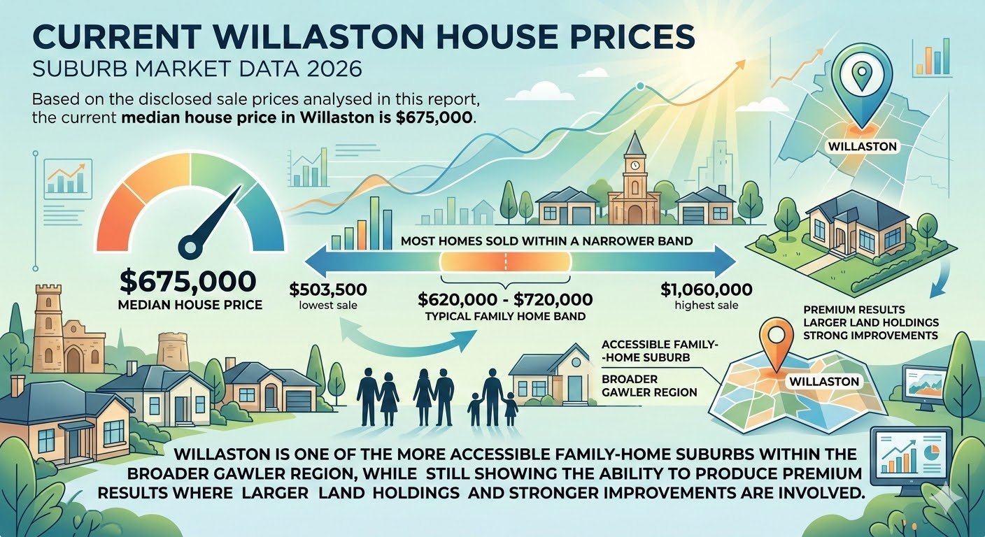 Current Willaston house prices market snapshot showing median price and sales range