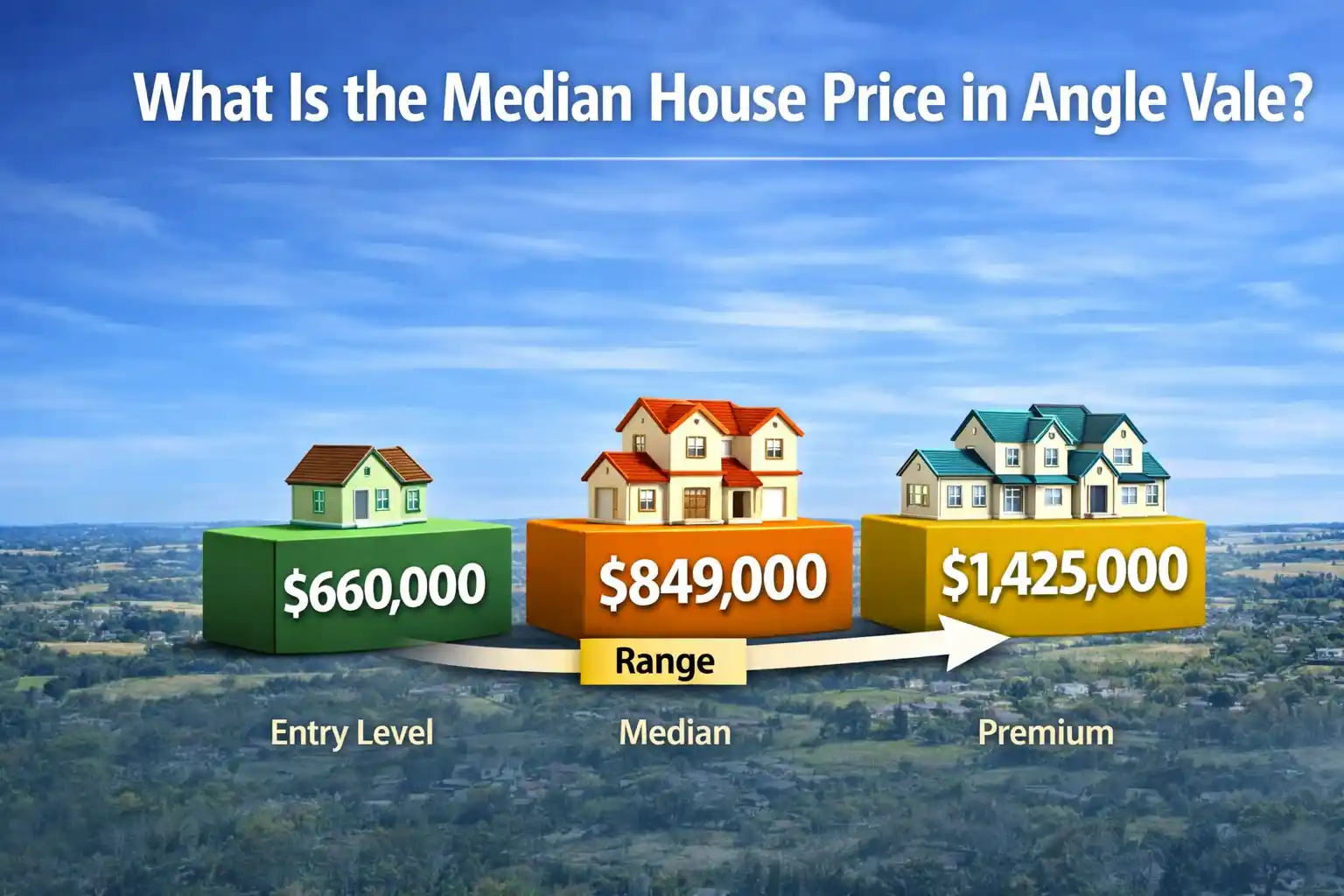 Angle Vale median house price infographic showing $849,000 median value with prices ranging from $660,000 entry-level homes to $1,425,000 premium properties.