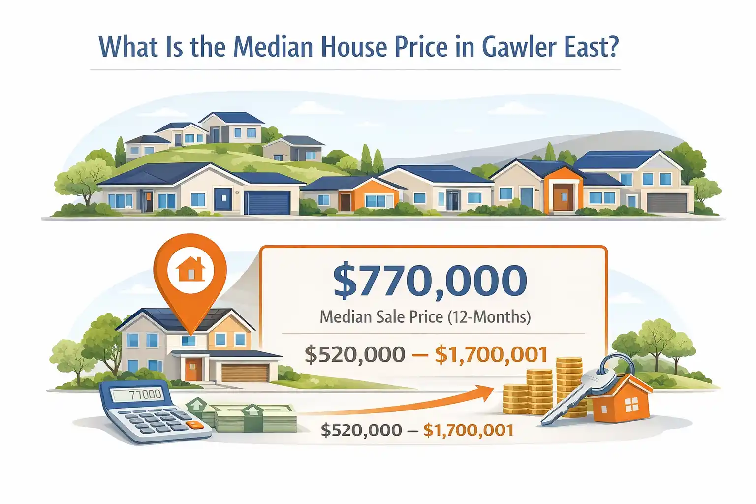 Median house price in Gawler East is $770,000 based on 12 months of residential house sales, with prices ranging from $520,000 to $1,700,001.