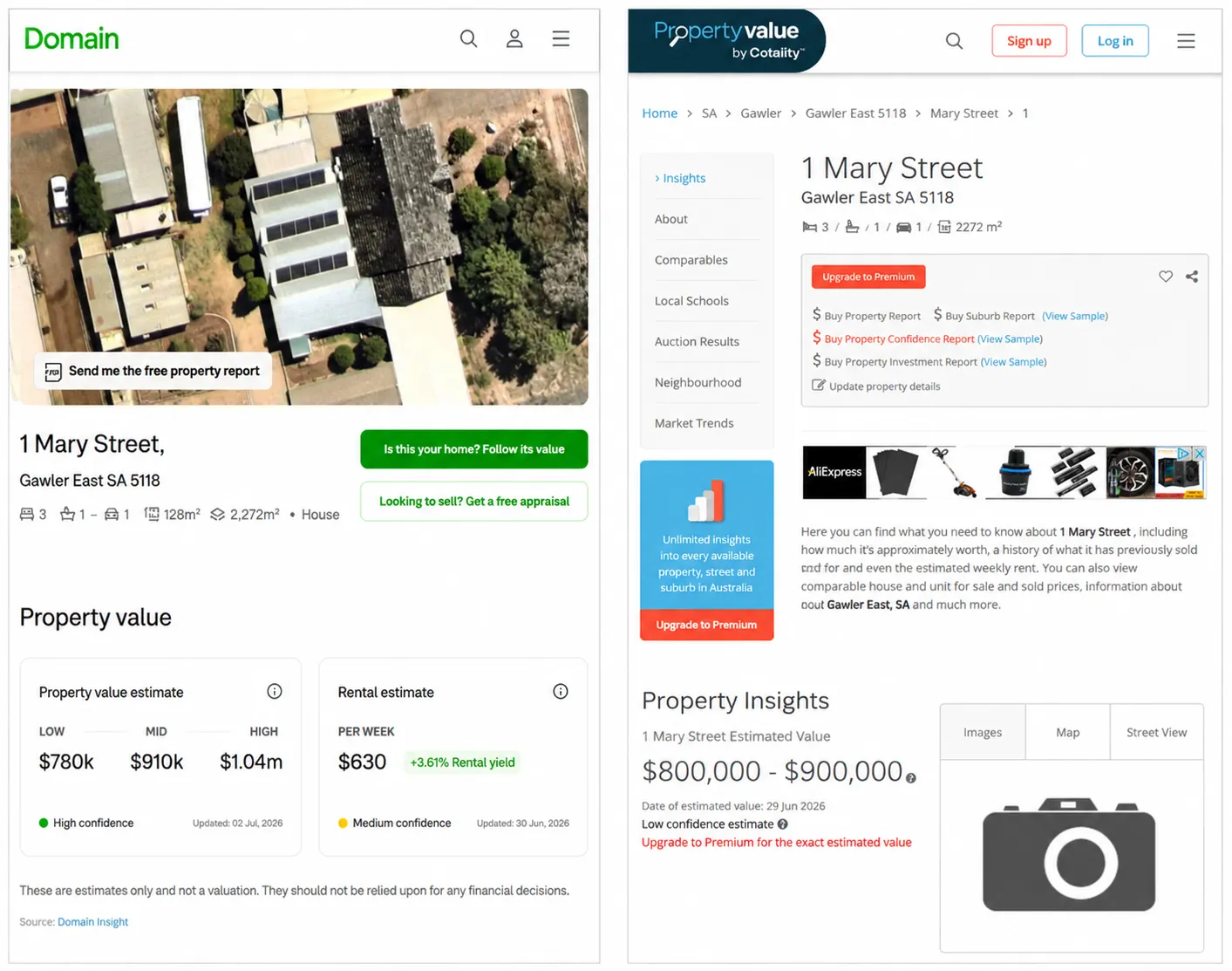 1 Mary Street Gawler East — online property estimate showing $780,000 to $1,040,000, high confidence, dated 2 July 2026