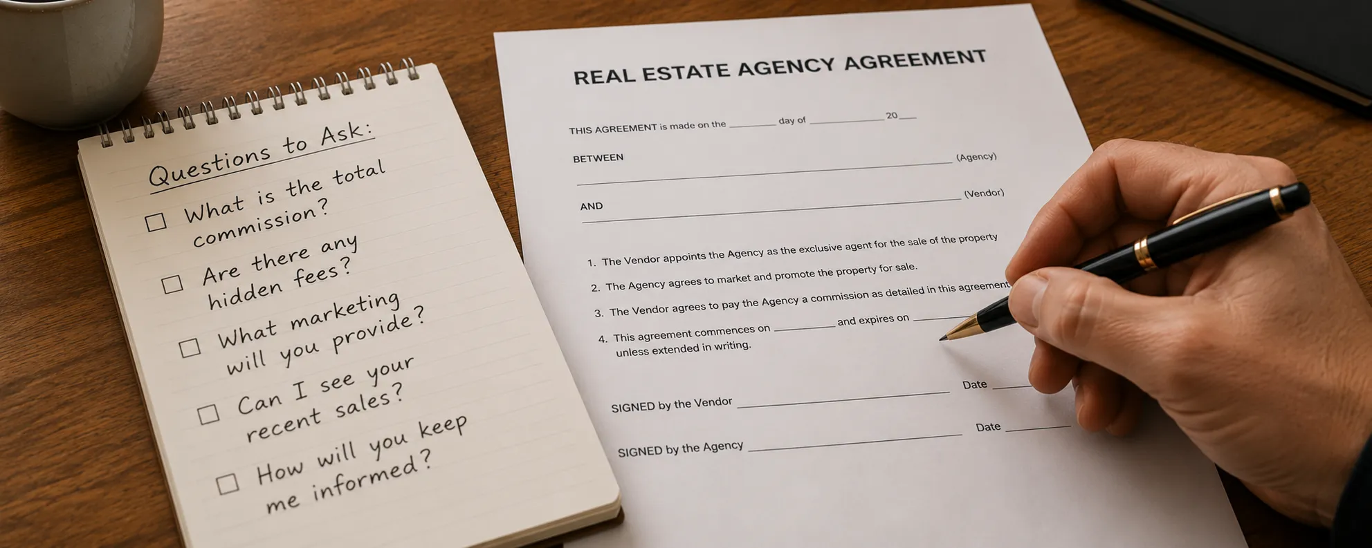 Reviewing a real estate agency agreement before signing — understanding commission rates and what is included