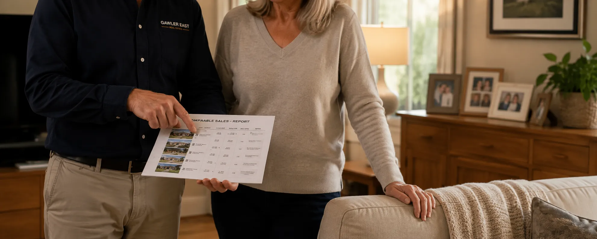 Agent presenting a comparable sales report to a homeowner during a property appraisal — a significant financial conversation
