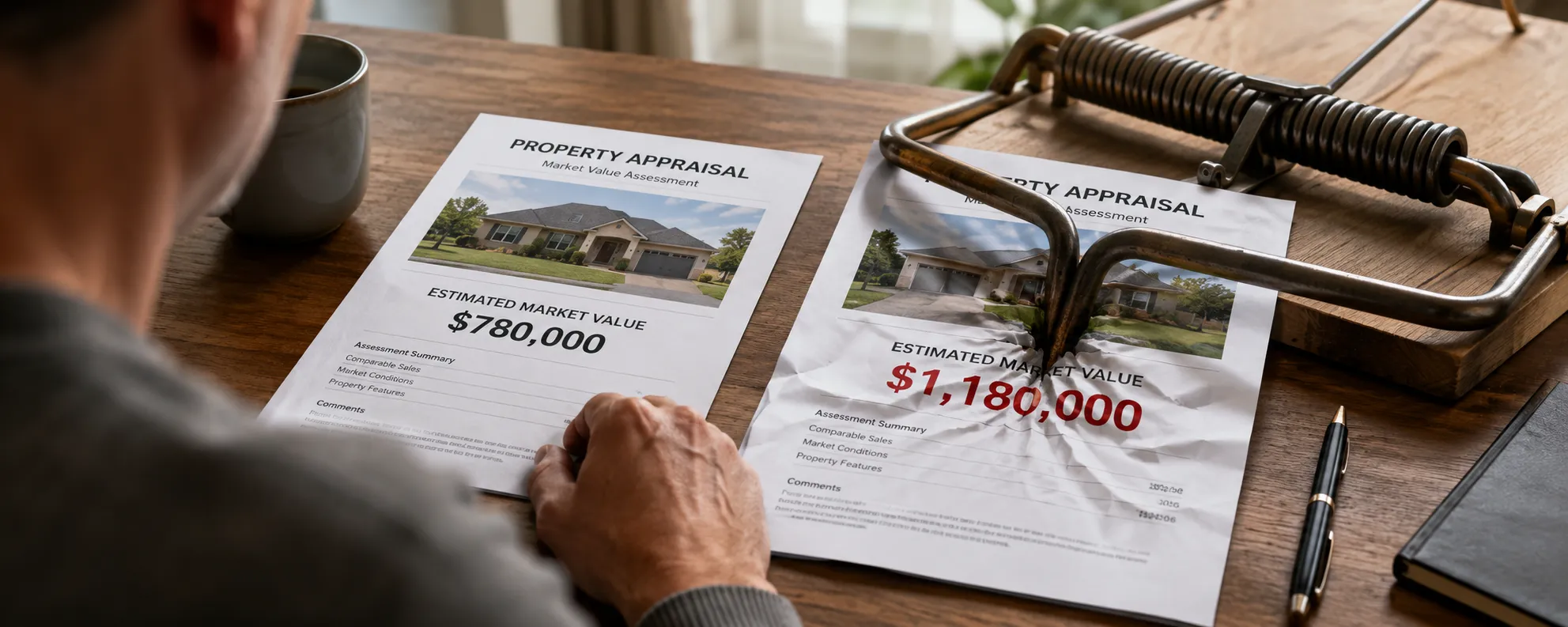 The Appraisal Trap — two property appraisal documents
side by side showing vastly different estimated values,
with a mousetrap placed on the inflated figure