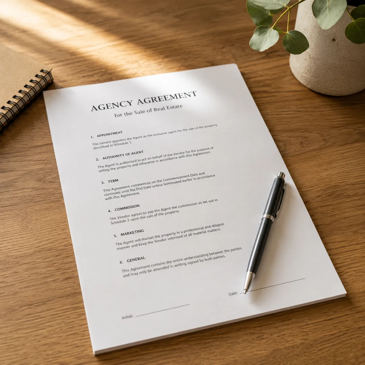 Real estate agency agreement showing commission structure for property sale