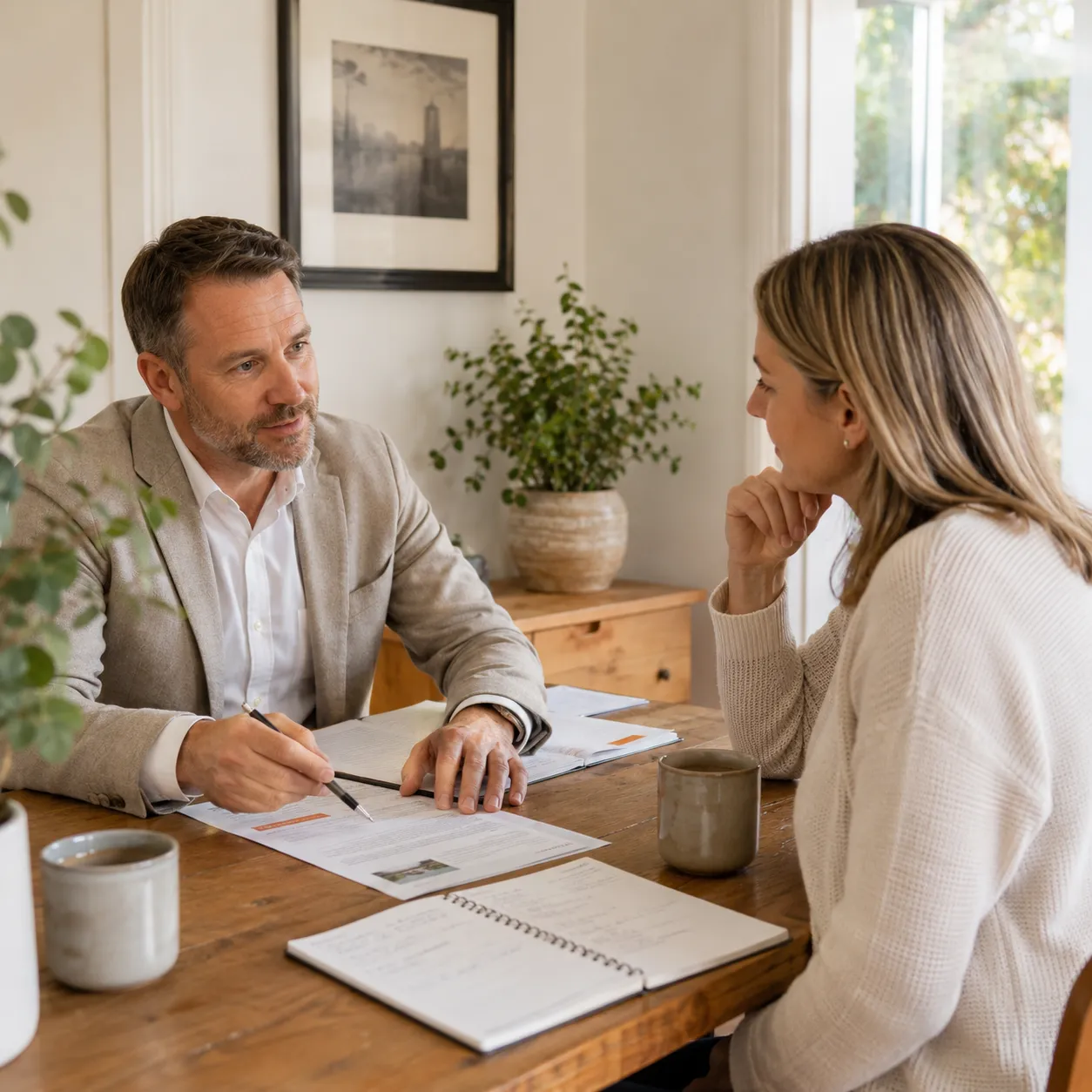 Real estate agent and vendor discussing sale strategy at a meeting