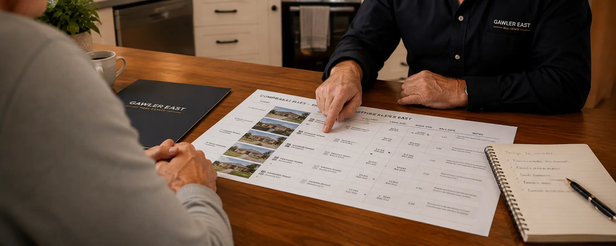 Agent and vendor reviewing comparable sales data together — evidence-based advice rather than a sales pitch