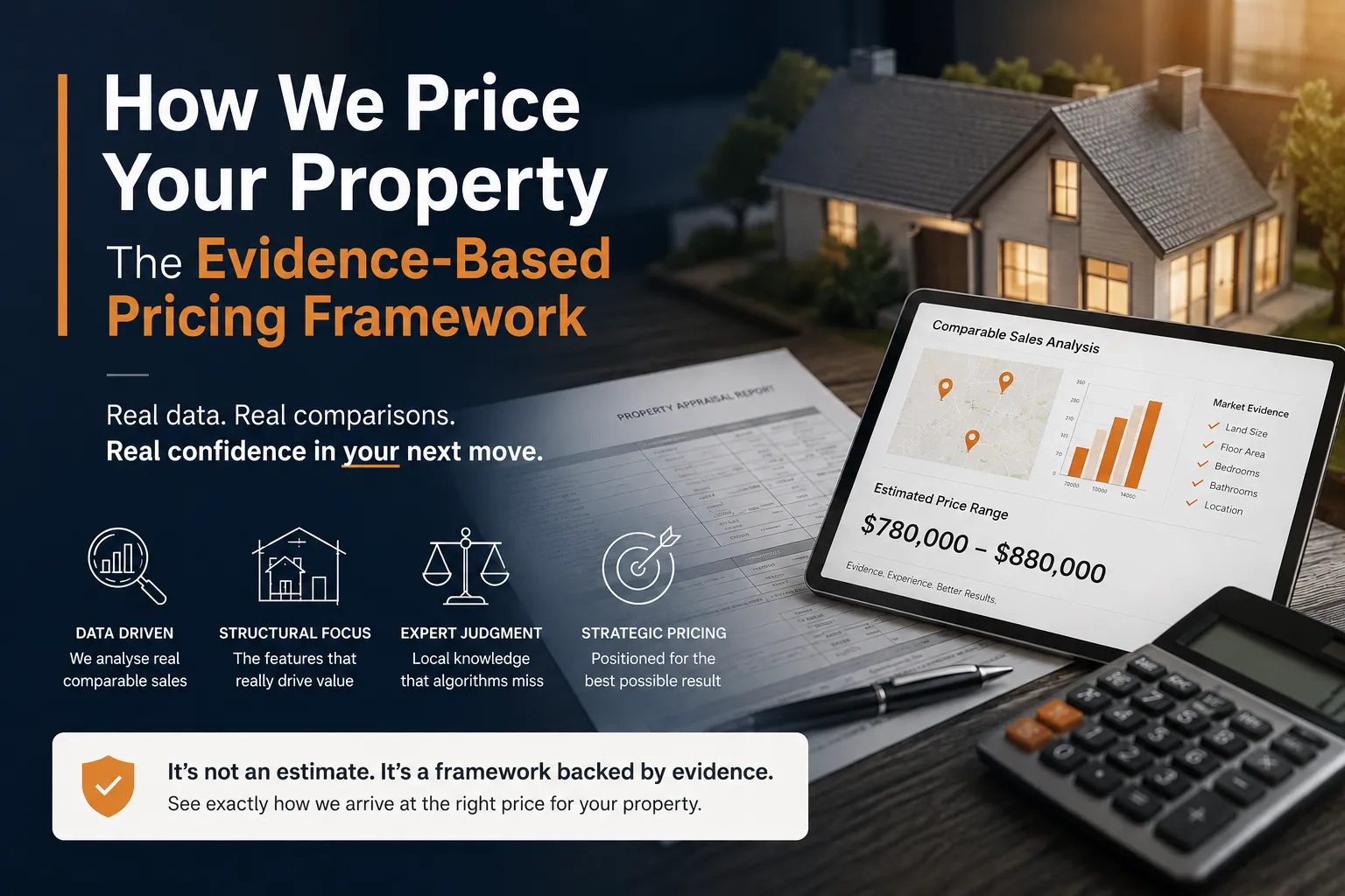 Property pricing framework illustration — comparable sales analysis, structural property data, and evidence-based price range on a tablet beside a model home