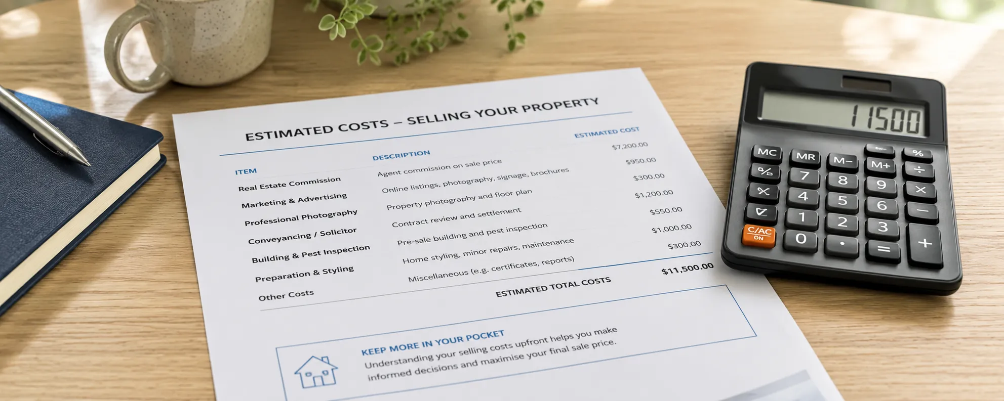 Selling costs breakdown — commission, marketing, conveyancing and preparation costs explained