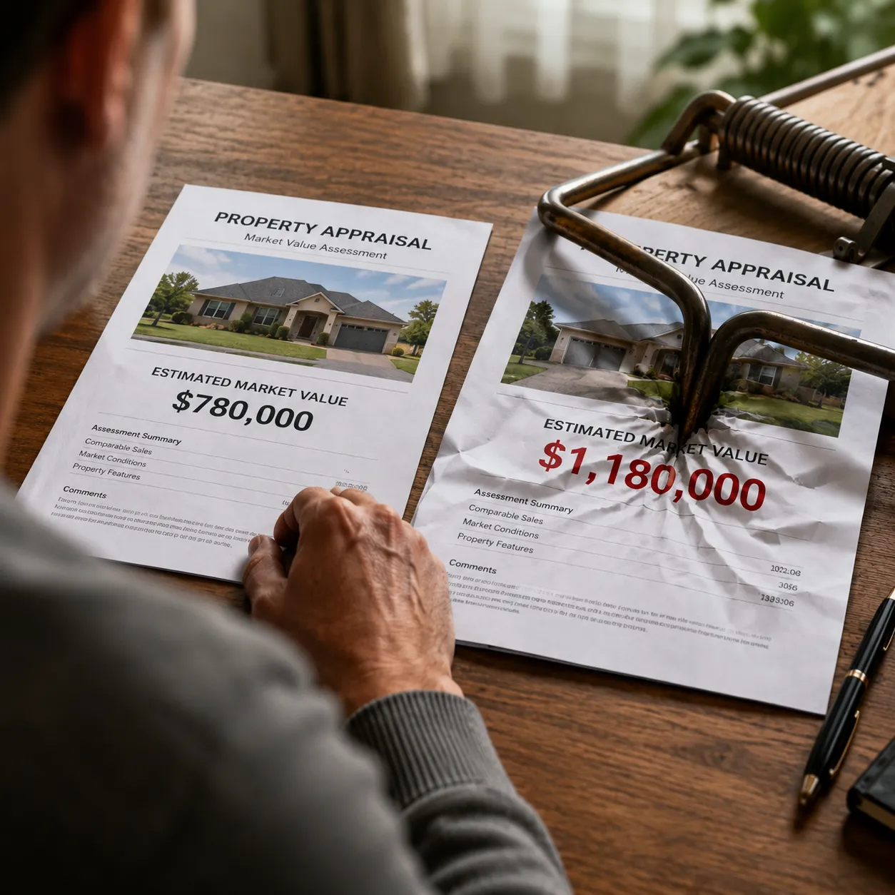 The Appraisal Trap — two property appraisal
documents with a mousetrap on the inflated figure