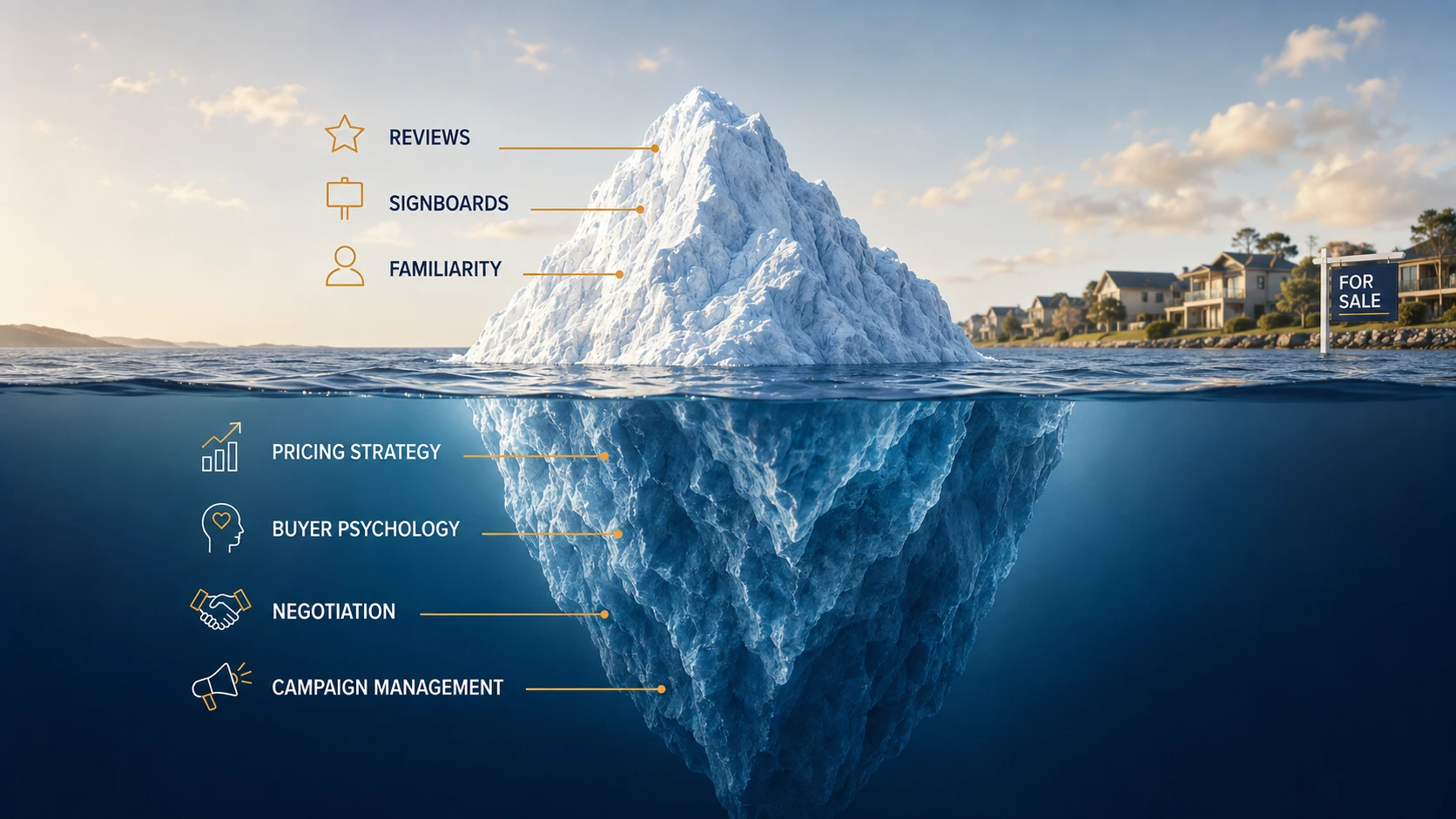 Iceberg showing the visible and hidden factors to compare when choosing a real estate agent