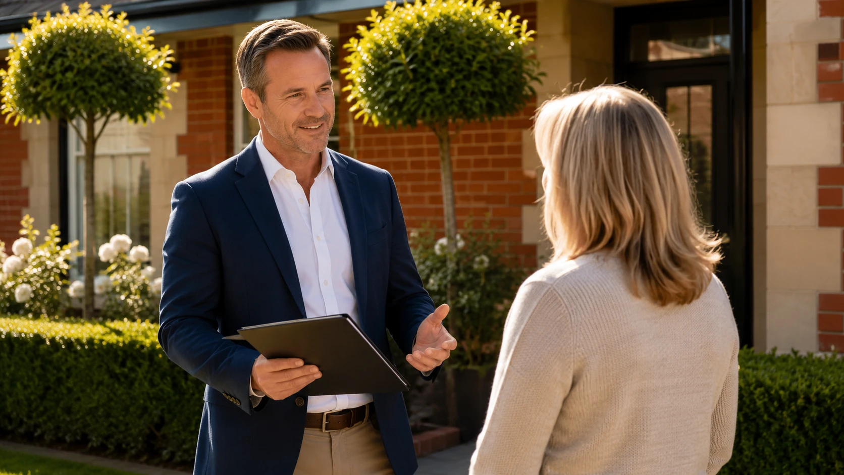 Principal agent discussing a sale directly with a homeowner outside their Gawler property