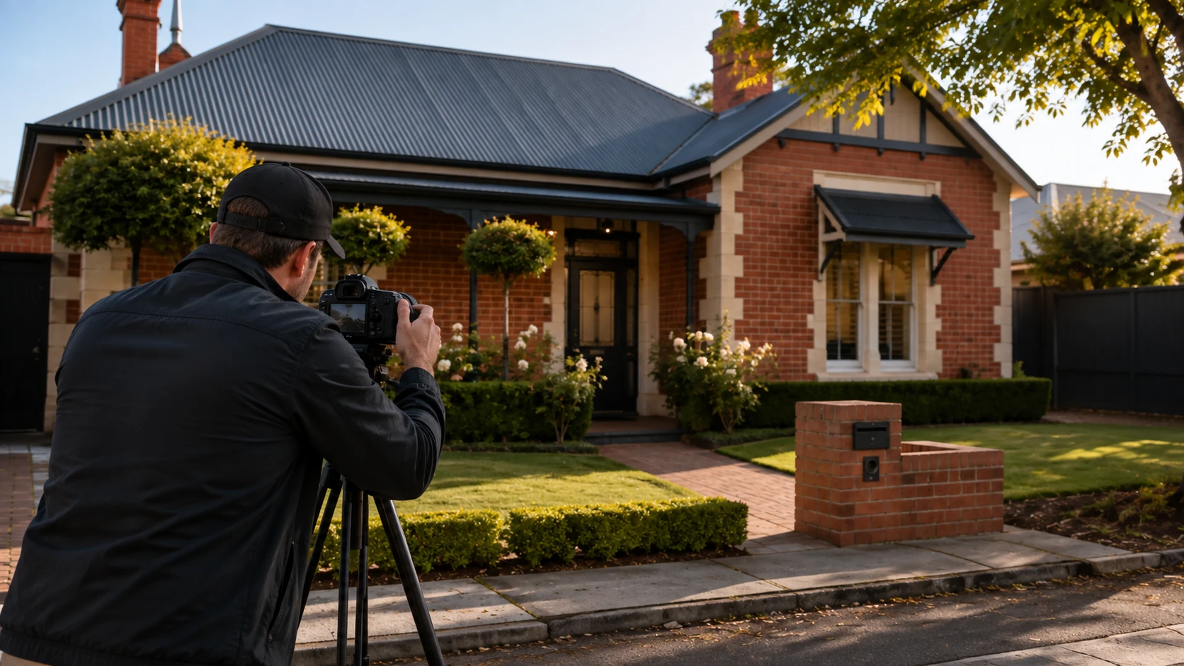 Professional photographer preparing a real estate listing shoot